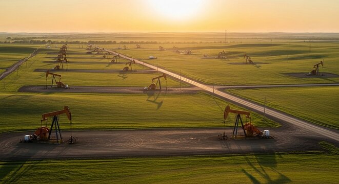 Oil Pumpjack Field Landscape Under Golden Sunrise Sky with Rolling Green Hills