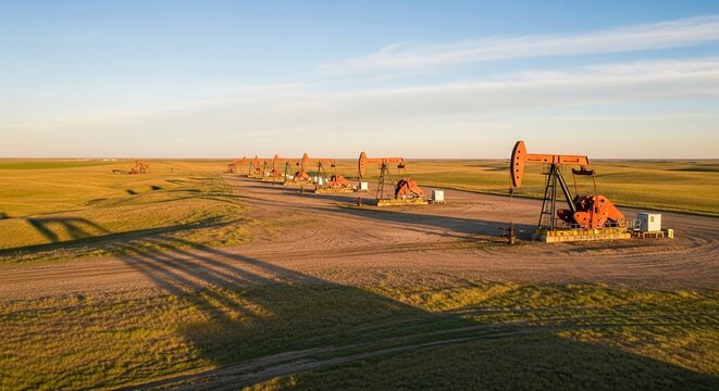 Operating oil pumpjacks in a vast rural landscape at sunset