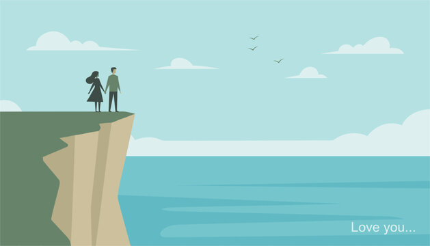 Romantic illustration of a couple standing together on a cliff edge overlooking a calm blue sea with the simple text Love you below.