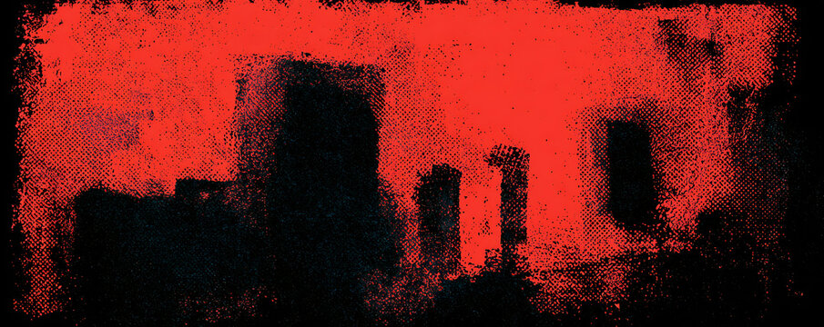 Intense Abstract Red Background with Dark Grunge Urban Silhouette Shapes
