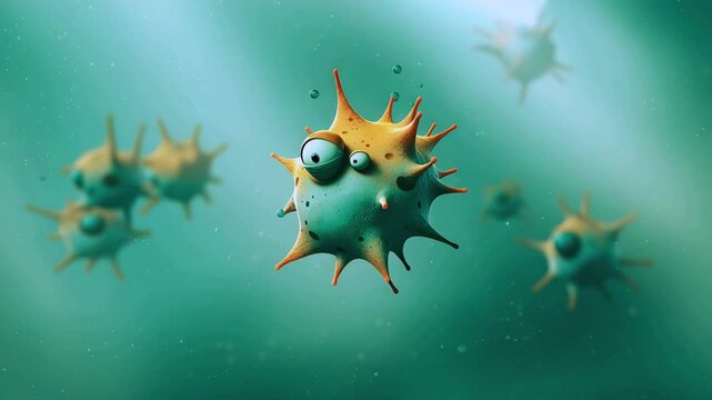 Funny cartoon bacteria and germ cells floating in a microscopic environment, colorful 3D animation illustrating microbes, infection and microorganisms