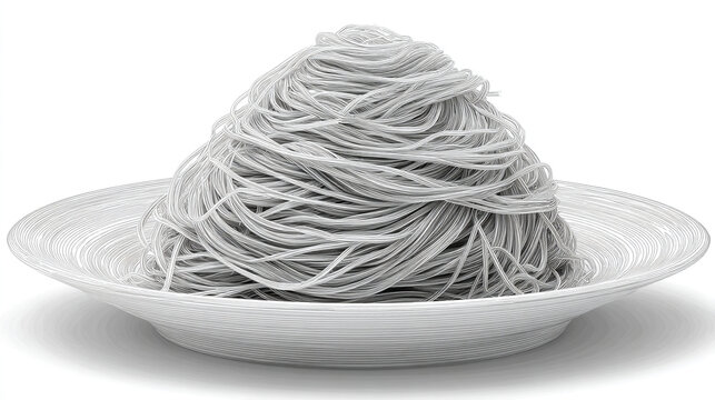 Black and white illustration of noodles piled high in a decorative bowl with monochrome, spaghetti