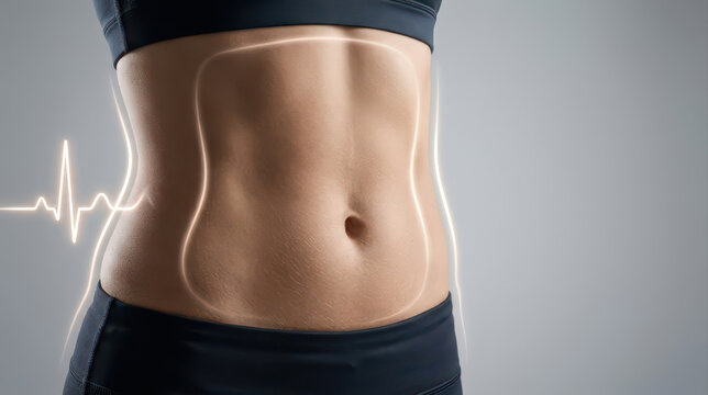 Fit female abdomen with metabolic syndrome concept and heart rhythm line in studio lighting