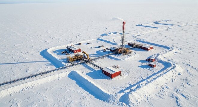 Remote Arctic oil drilling rig and extraction facility operating in snowy conditions, showcasing industrial energy production