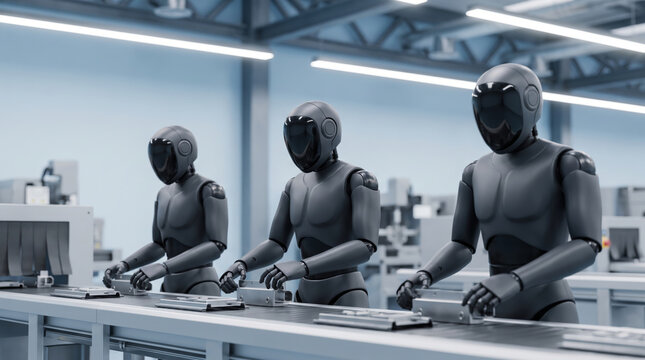 Humanoid robot factory industrial automation assembly. Smart ai cyborg machine. futuristic future innovation, automation engineering manufacturing production