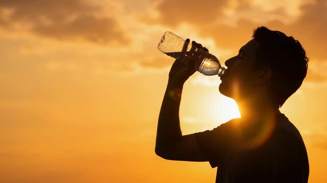 Water bottle man silhouette sunset hydration heat summer outdoor drink El Nino climate heatwave. Global warming climate change earth. extreme heat drought meteorology, disaster crisis impact danger