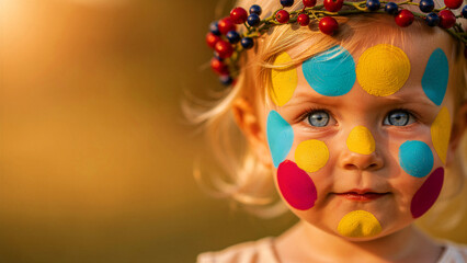 Fototapeta premium Little girl with colorful polka dots painted on her face looks at the camera. Toddler wearing a berry crown outdoors during golden hour. Childhood creativity concept for lifestyle marketing.
