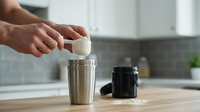 Hands scooping protein powder into metal shaker bottle in kitchen