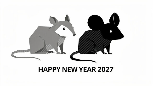 Stylized geometric mice graphic with Happy New Year 2027 text. Modern monochrome illustration of two rats in a minimalist origami design. Calendar celebration concept for holiday event posters.