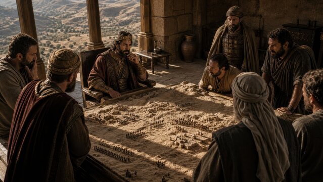 Ancient king consulting advisers over a relief map and opposing armies. Biblical scene illustrating the cost of discipleship, strategic planning, and seeking peace in Luke 14.