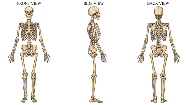 Human skeletal system showing front side and back anatomical views of skeleton
