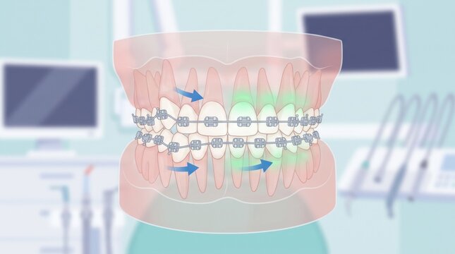 Orthodontic braces aligning teeth with directional arrows. Dental treatment concept showing tooth movement, bite correction, and modern orthodontic care in a clinical setting.