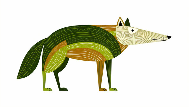 Stylized folk art wolf illustration with geometric patterns. Profile view of a canine character in earthy green and brown tones. Nordic aesthetic, perfect for nature-themed graphics and books.