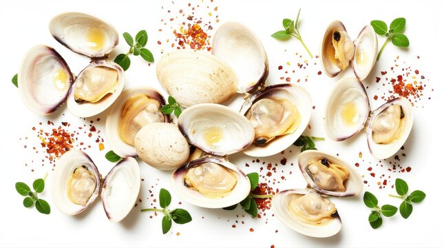 Fresh raw clams with herbs and chili flakes on a white background. Top-down view of shellfish prepared for cooking. Seafood cuisine concept, ideal for culinary blogs and restaurant menus.