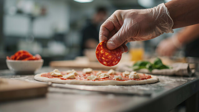 Chef hand in glove placing pepperoni slice on raw pizza dough in kitchen