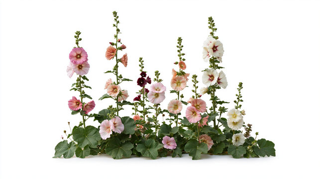 Colorful Hollyhock Flowers Isolated on White Background
