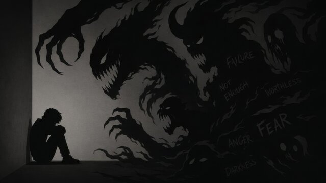 Silhouette of a distressed person confronting monstrous shadows on a wall. Mental health struggle, anxiety, fear, depression, and negative thoughts concept. Dark psychological illustration.