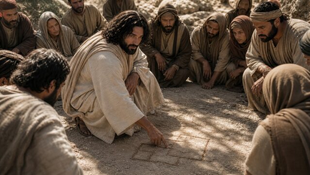 Jesus teaching a seated crowd by drawing on the ground. Biblical lesson about discipleship, commitment, sacrifice, and counting the cost of following faith.