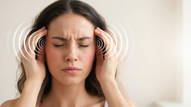 Young woman touching temples suffering from severe headache and migraine