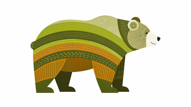 Stylized bear illustration with geometric patterns on white background. Decorative animal art featuring green and brown textured layers. Wildlife design concept for modern graphic branding.
