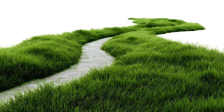 Winding stream flows through vibrant green grass on white background