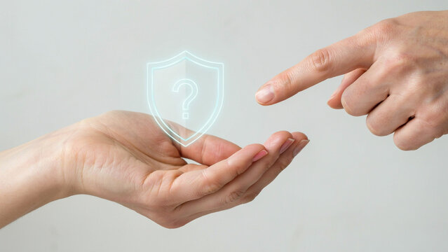 Finger pointing at question mark shield icon on open hand