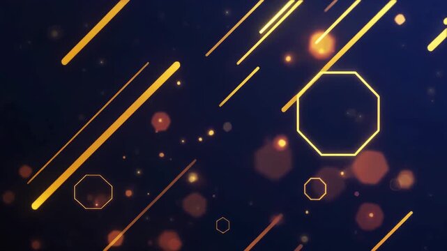 Diagonal golden beams and floating geometric octagons create a vibrant motion blur effect against a deep blue background with soft luminous bokeh circles.