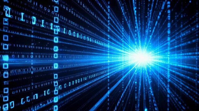 Abstract futuristic digital data stream with bright blue light and binary code technology background