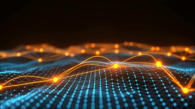 Network connection nodes illuminate bright orange lines across a blue digital particle landscape in a conceptual modern communication design background.