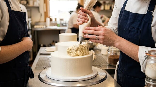 cake decorating in a bakery with pastry chefs