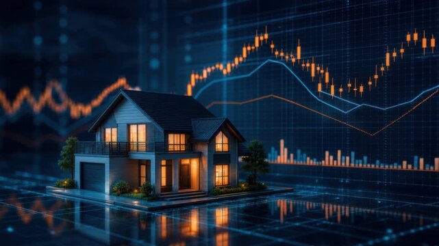 Modern house with glowing windows on digital stock market background real estate investment concept