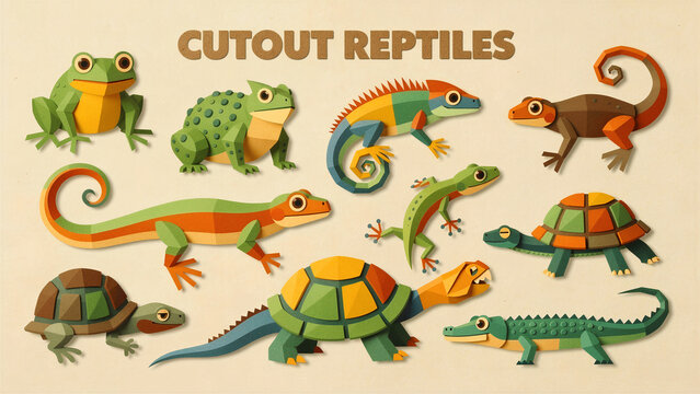 Paper cutout reptiles and amphibians on a textured background. Stylized frog, lizard, turtle, and crocodile illustrations in a craft style. Nature education concept for children's design.