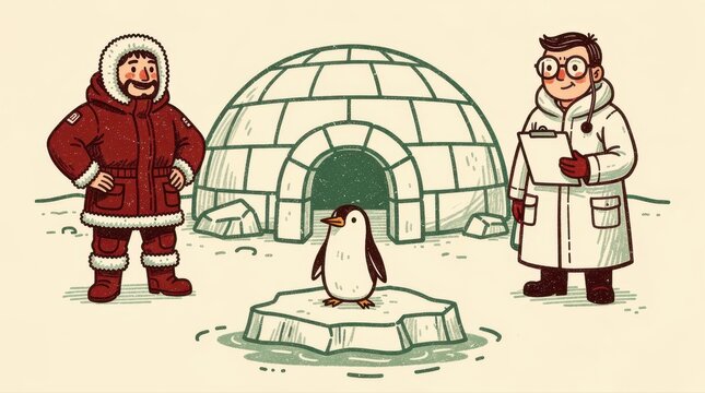 Explorer and scientist standing by an igloo with a penguin on ice. Cartoon characters in parkas observing wildlife in an arctic setting. Arctic research concept for environmental education.