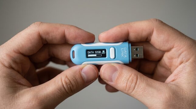 Hands holding blue 32gb usb flash drive illustration