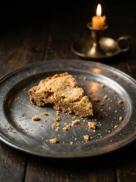 Golden brown slice of delicious crumbly shortbread biscuit sits upon a rustic weathered metal plate near glowing candlelit warm atmosphere