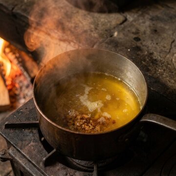 Rustic metal pot filled with bubbling golden broth sits warming atop a glowing wood burning cast iron stove at home