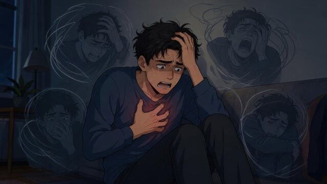 Anxious man clutching his chest and head while experiencing panic attack at home. Emotional distress, mental health crisis, fear, stress, and psychological trauma concept.