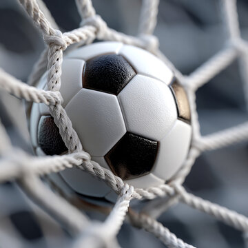 Classic black and white soccer ball caught deep inside goal netting during a match with football