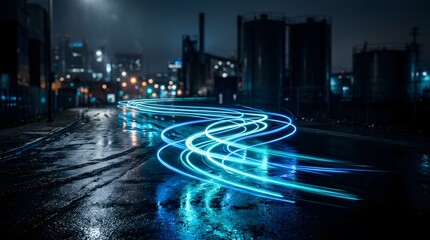 Fototapeta premium Night cityscape with light trails and industrial tanks reflecting in wet pavement