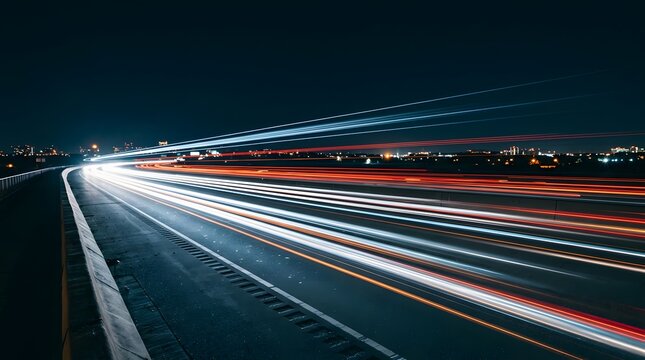 Long exposure photograph of highway traffic at night with blurred light trails