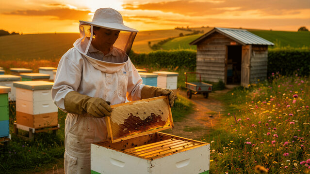 Female beekeeper inspecting honeycomb at sunset. Professional apiarist working in rural apiary. Sustainable farming concept for organic honey production.