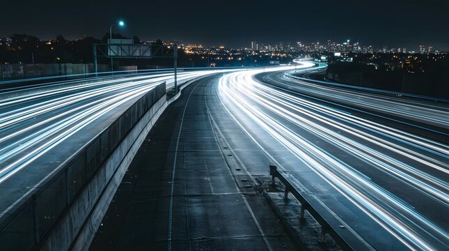 Night highway with long exposure light trails and city skyline in the background