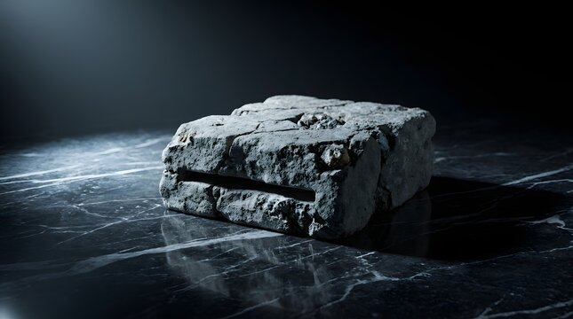 Heavy carved rectangular stone block resembling a primitive card reader with a horizontal slot resting on dark marble for funny conceptual technology themes