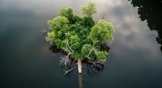 Lush green island with exposed roots floats serenely on dark misty water