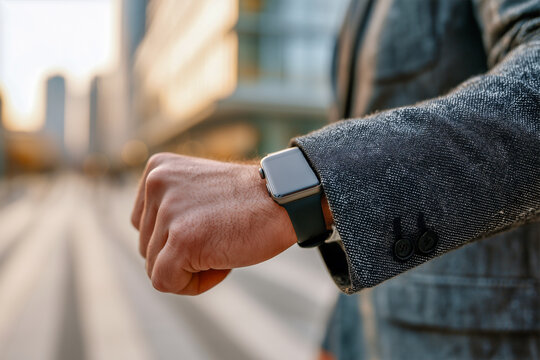 Close up at the black smartwatch at the wrist of a man or businessman walking outdoor in urban business district and wearing a suit