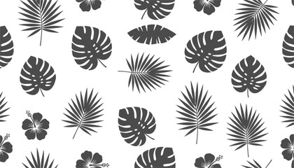 Naklejka premium Monochrome tropical pattern features black silhouettes of palm fronds, monstera leaves, and hibiscus flowers on a plain white background.