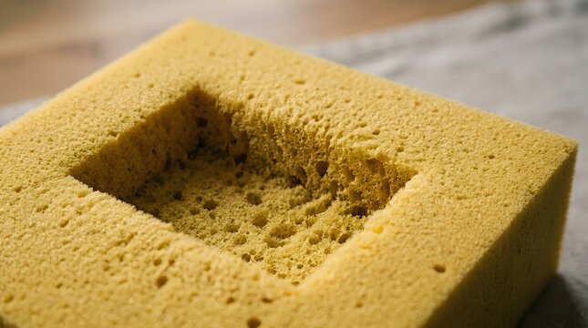 Yellow porous sponge block with a precision carved rectangular hollow center for protective product packaging and industrial material texture concepts