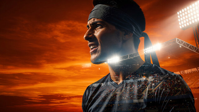Determined athlete in a headband looking focused against a sunset sky. Double exposure showing a crowded stadium and arena lights. Sports achievement and competition concept for branding.