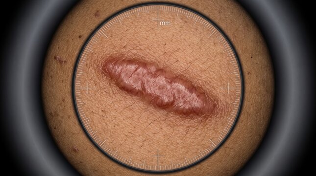 Dermoscopy view of raised hypertrophic keloid scar on human skin with measurement scale