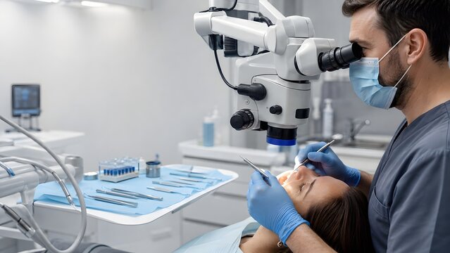 Dentist Performing Precision Dental Treatment with Surgical Microscope in Modern Clinic, Endodontic Procedure, Root Canal Therapy, Oral Healthcare, Professional Dentistry and Advanced Technology